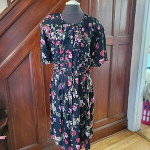 Vintage KSL Floral Pleated Dress Size 22 Black Multicolor Rayon Short Sleeve Bel